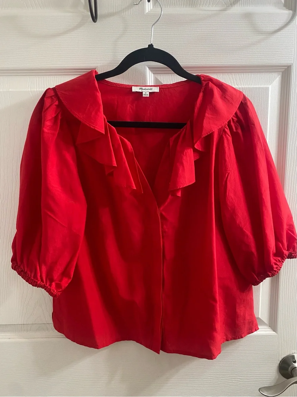Madewell Ruffled Y-Neck Top in Cotton-Silk in Festival Red